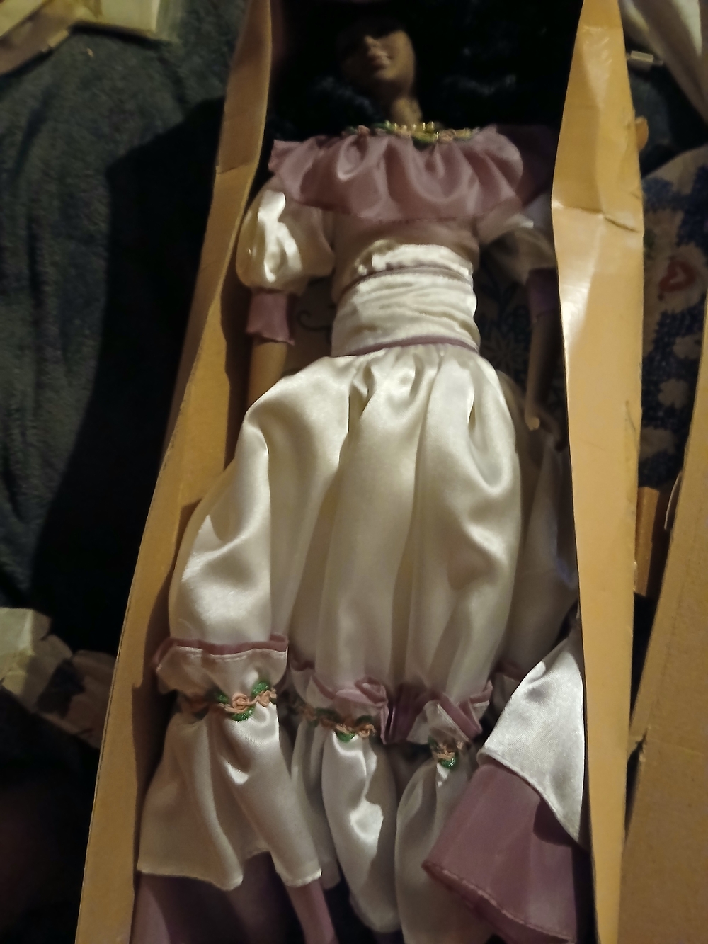 Ashley Belle Porcelain Doll With White Satin Gown with Lavender Trim